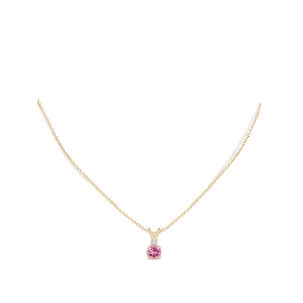 6mm AAA Round Pink Tourmaline Solitaire V-Bale Pendant with Diamond in Yellow Gold Body-Neck