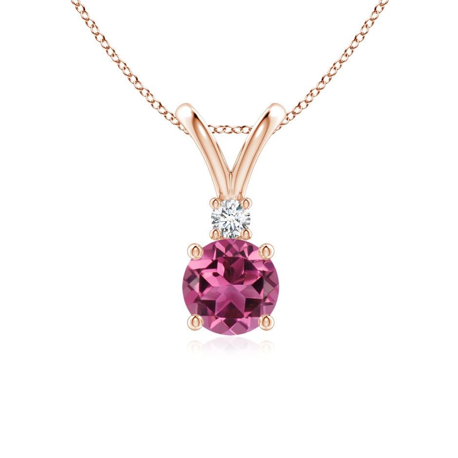 6mm AAAA Round Pink Tourmaline Solitaire V-Bale Pendant with Diamond in Rose Gold 
