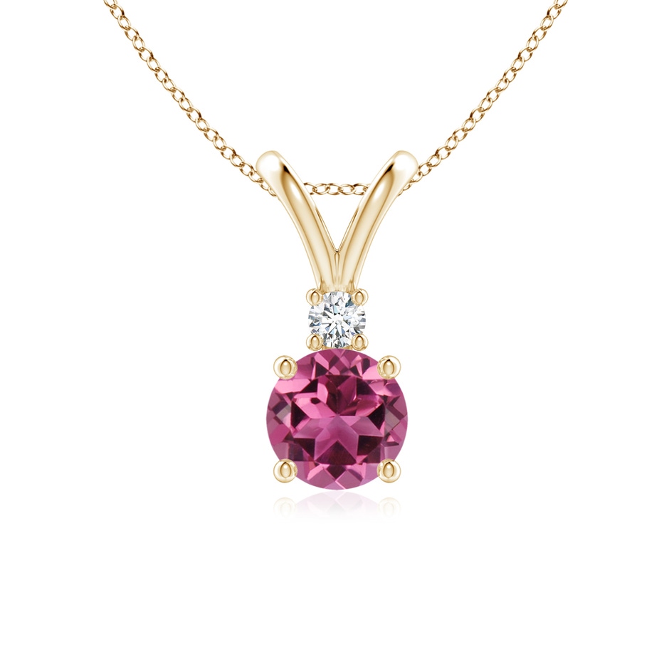 6mm AAAA Round Pink Tourmaline Solitaire V-Bale Pendant with Diamond in Yellow Gold 