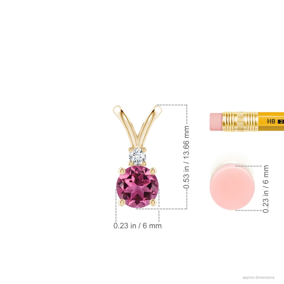 6mm AAAA Round Pink Tourmaline Solitaire V-Bale Pendant with Diamond in Yellow Gold ruler