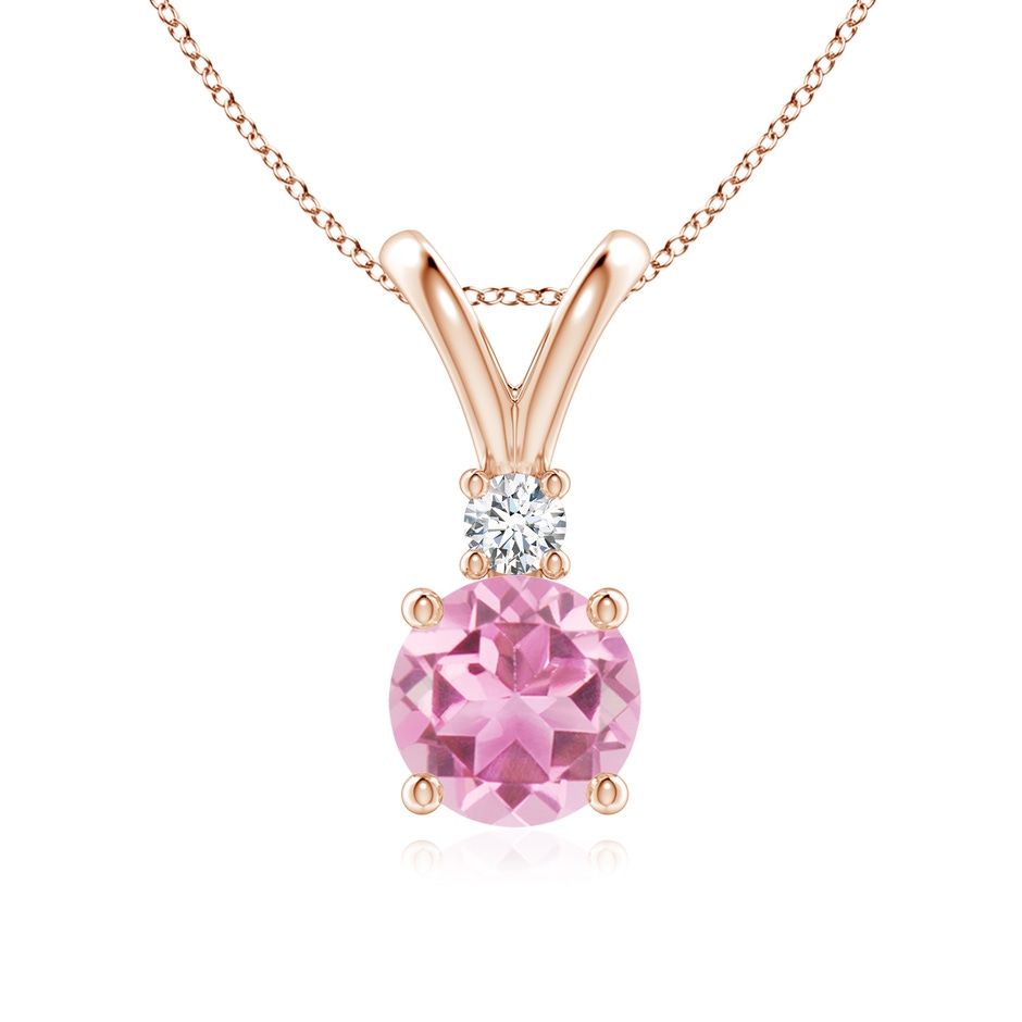 7mm AA Round Pink Tourmaline Solitaire V-Bale Pendant with Diamond in Rose Gold 