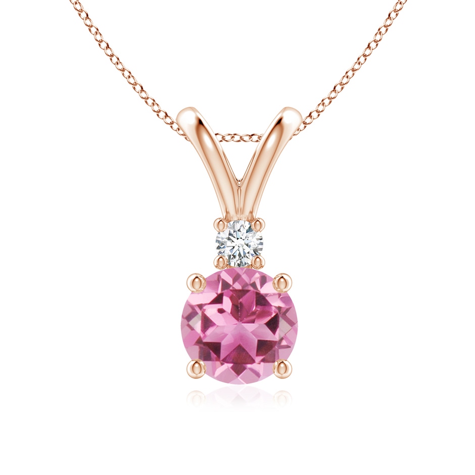 7mm AAA Round Pink Tourmaline Solitaire V-Bale Pendant with Diamond in Rose Gold 