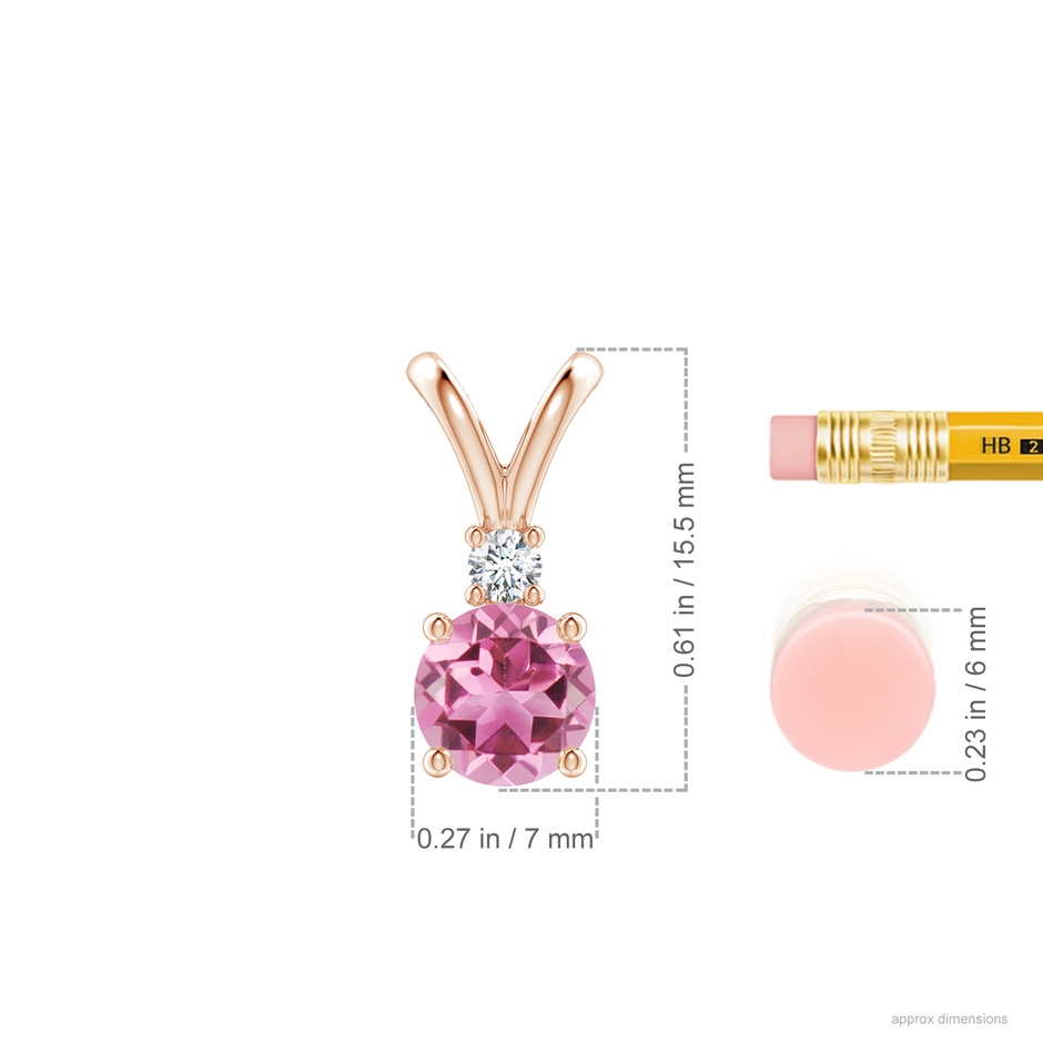 7mm AAA Round Pink Tourmaline Solitaire V-Bale Pendant with Diamond in Rose Gold ruler