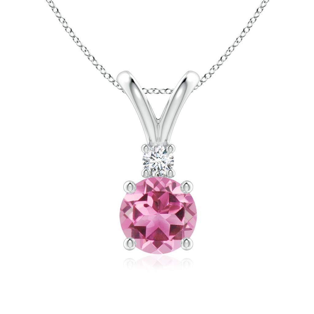 7mm AAA Round Pink Tourmaline Solitaire V-Bale Pendant with Diamond in White Gold