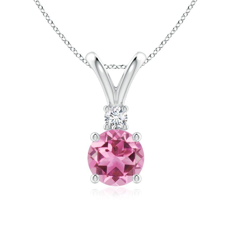 7mm AAA Round Pink Tourmaline Solitaire V-Bale Pendant with Diamond in White Gold 