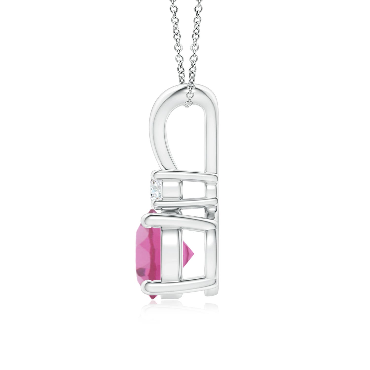 7mm AAA Round Pink Tourmaline Solitaire V-Bale Pendant with Diamond in White Gold - side 2