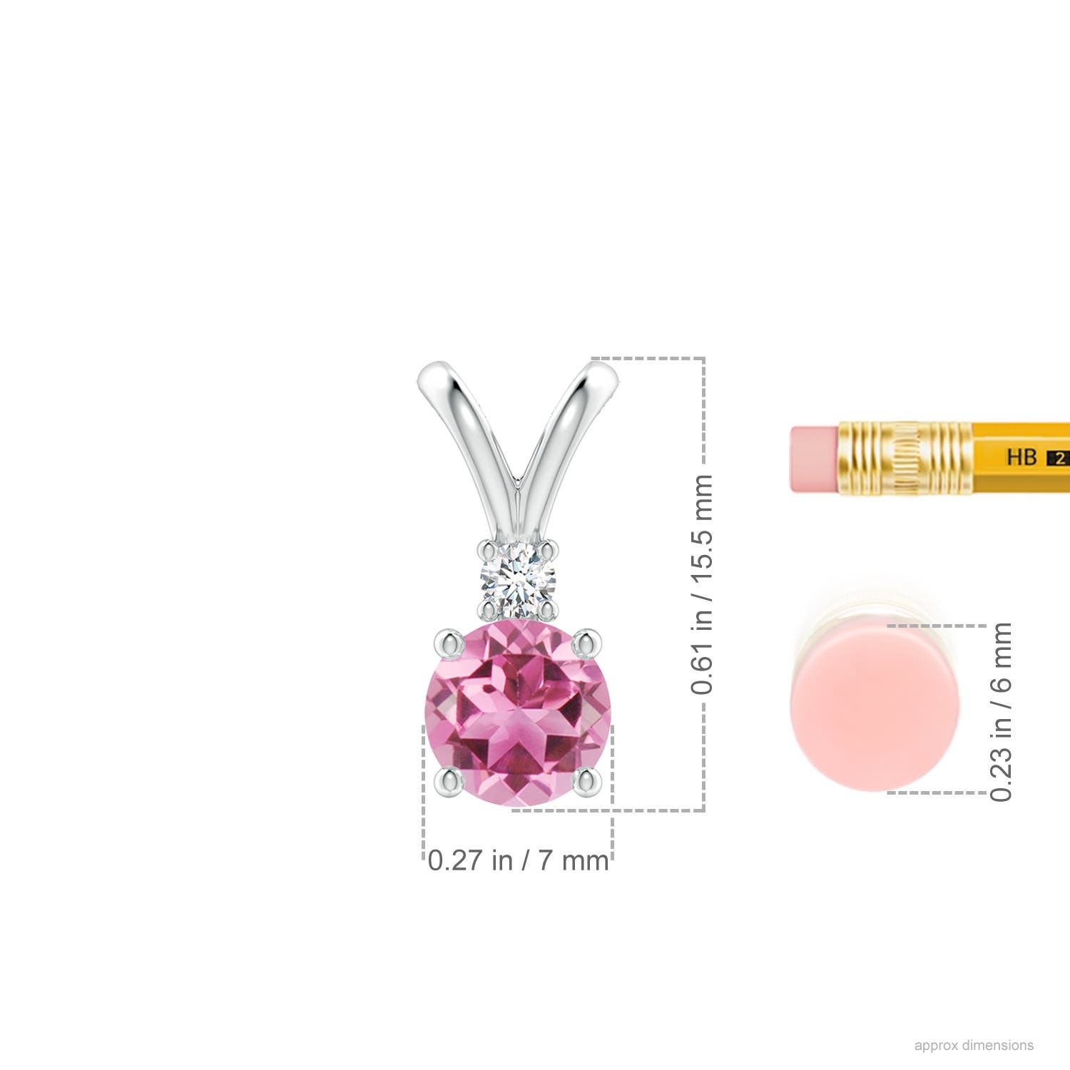 7mm AAA Round Pink Tourmaline Solitaire V-Bale Pendant with Diamond in White Gold - ruler
