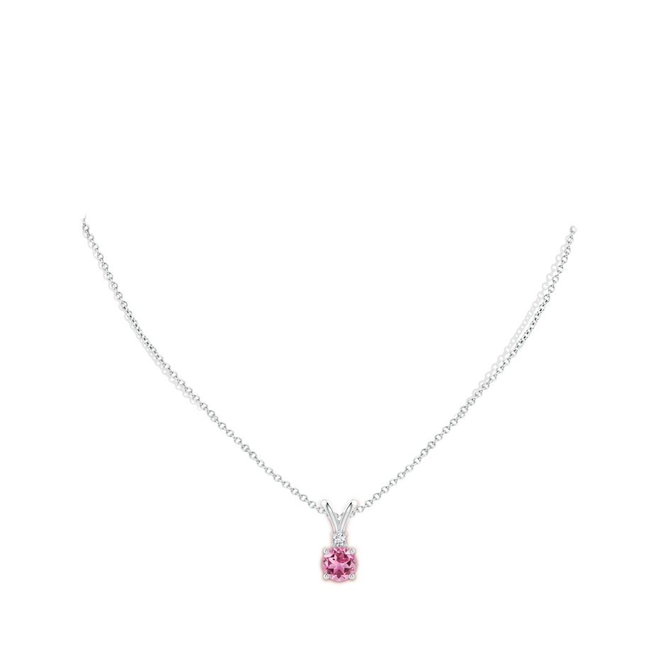 7mm AAA Round Pink Tourmaline Solitaire V-Bale Pendant with Diamond in White Gold body-neck