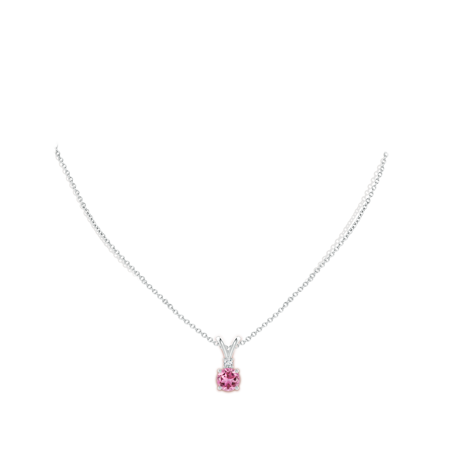 7mm AAA Round Pink Tourmaline Solitaire V-Bale Pendant with Diamond in White Gold - body_neck