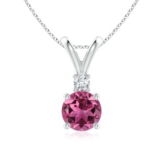 7mm AAAA Round Pink Tourmaline Solitaire V-Bale Pendant with Diamond in White Gold