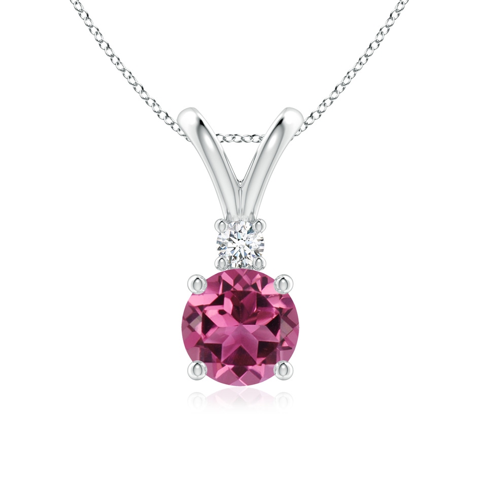 7mm AAAA Round Pink Tourmaline Solitaire V-Bale Pendant with Diamond in White Gold 
