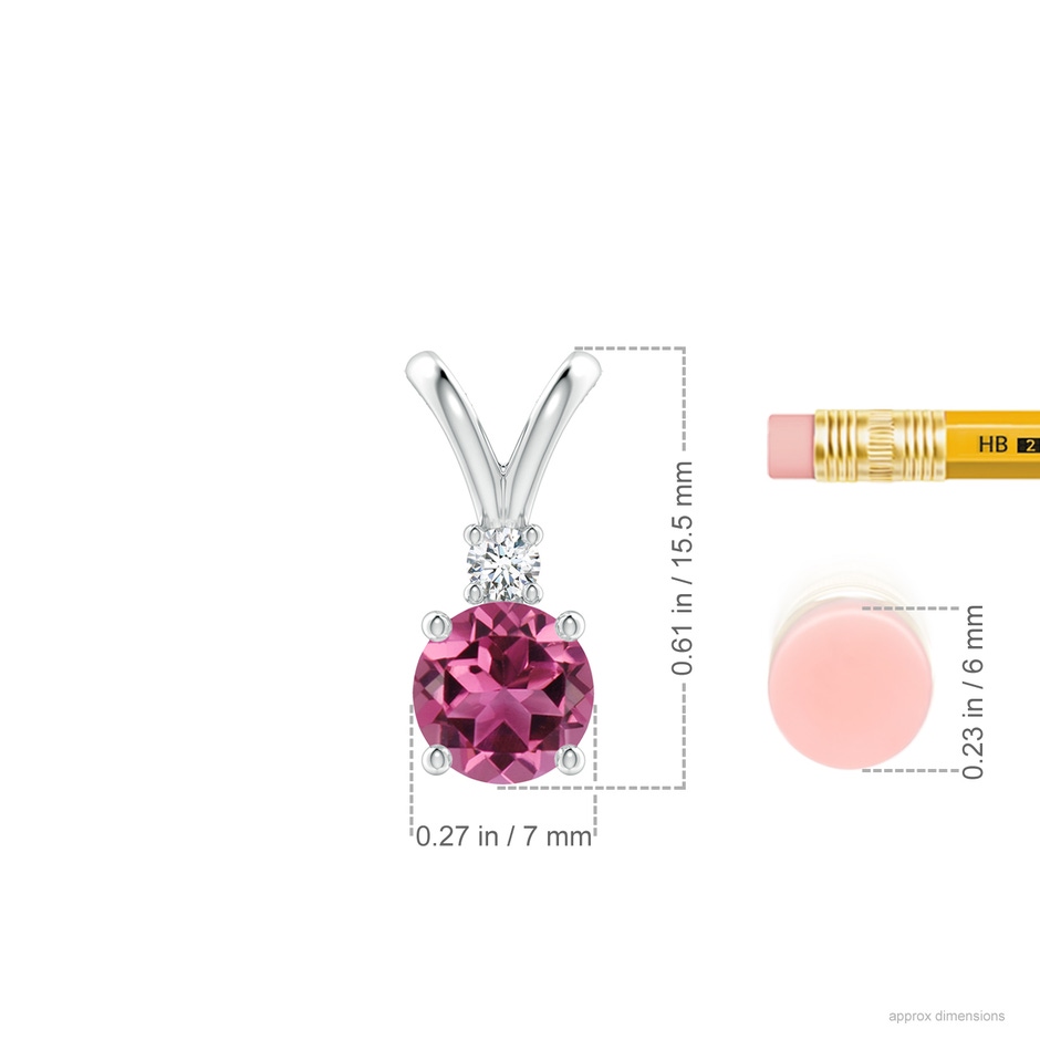 7mm AAAA Round Pink Tourmaline Solitaire V-Bale Pendant with Diamond in White Gold ruler