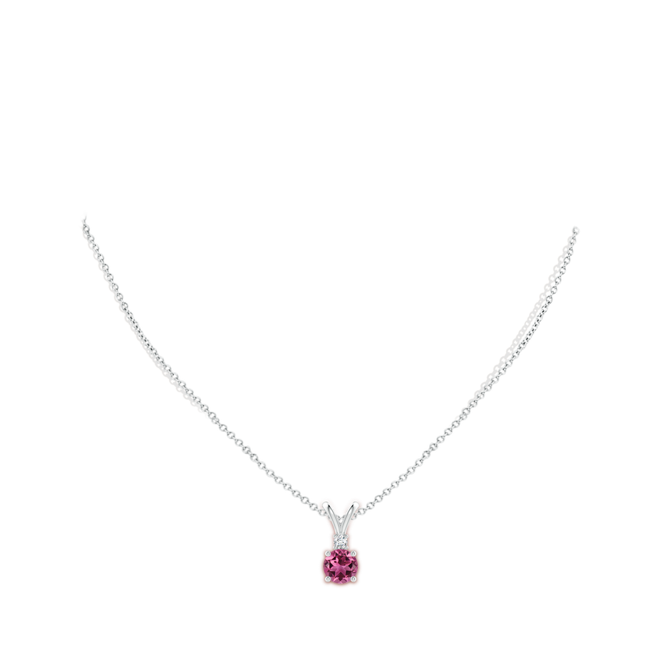 7mm AAAA Round Pink Tourmaline Solitaire V-Bale Pendant with Diamond in White Gold pen