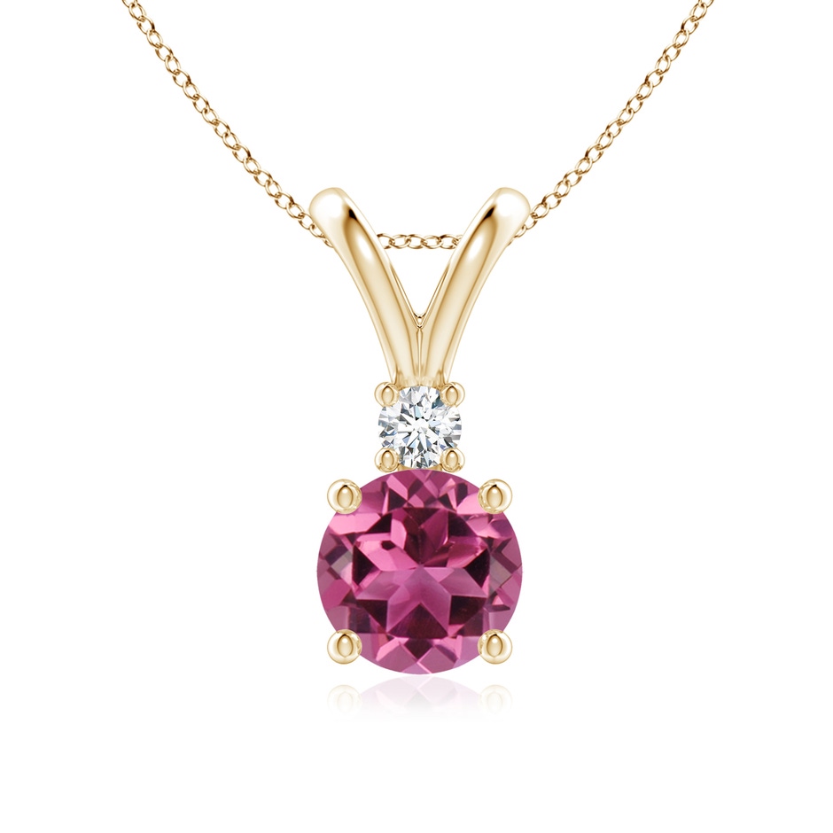 7mm AAAA Round Pink Tourmaline Solitaire V-Bale Pendant with Diamond in Yellow Gold 