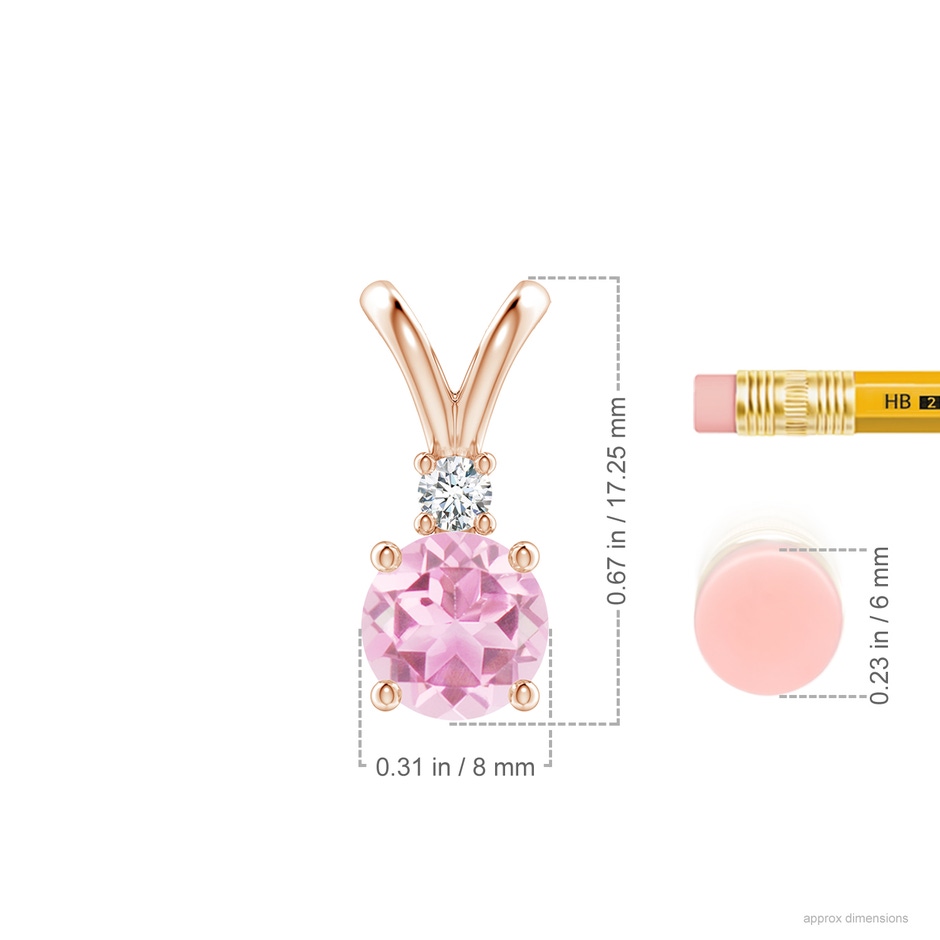 8mm A Round Pink Tourmaline Solitaire V-Bale Pendant with Diamond in Rose Gold ruler