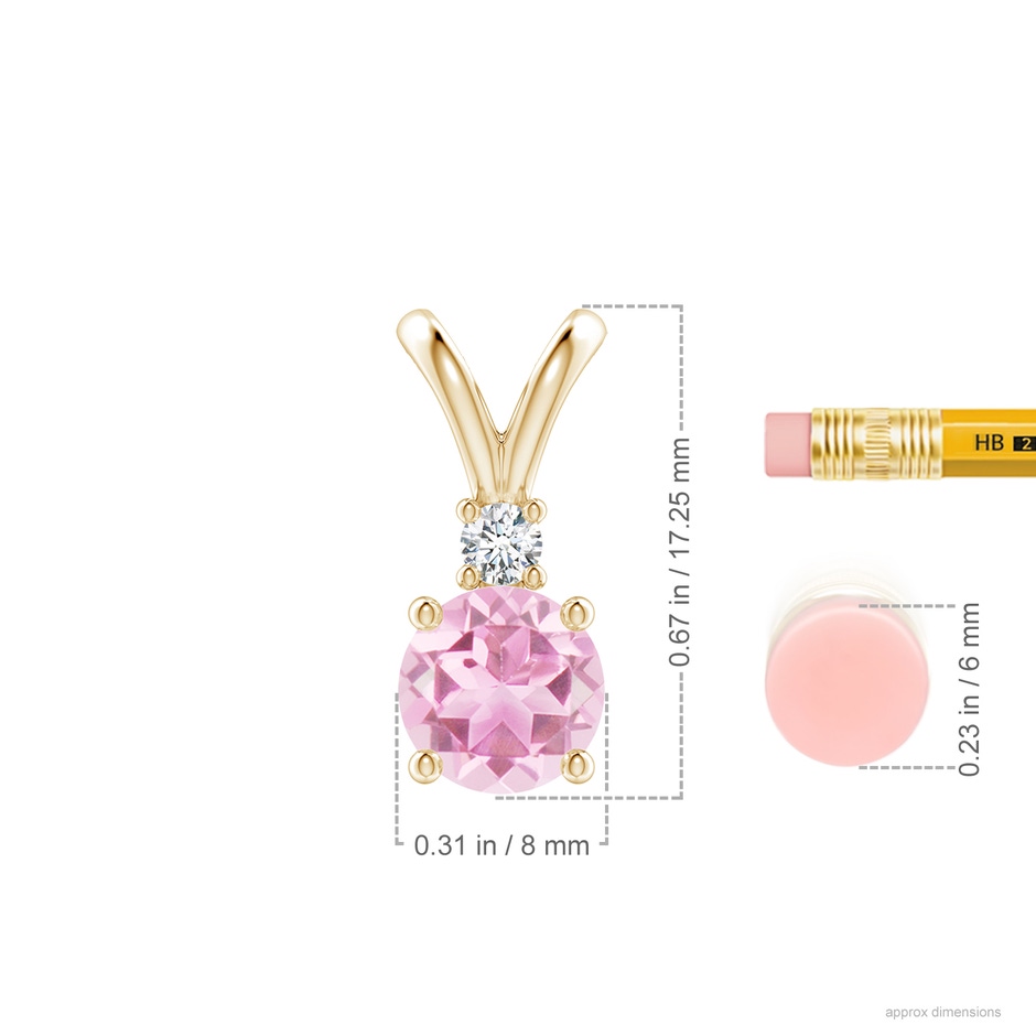 8mm A Round Pink Tourmaline Solitaire V-Bale Pendant with Diamond in Yellow Gold ruler