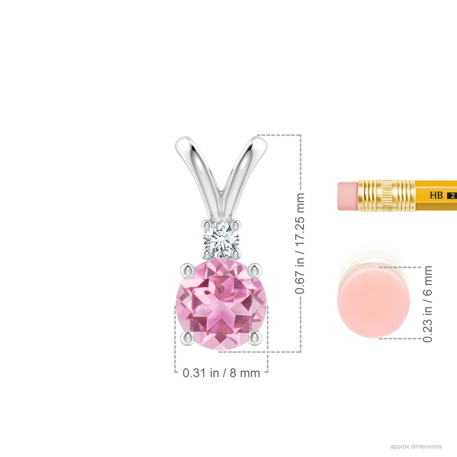 8mm AA Round Pink Tourmaline Solitaire V-Bale Pendant with Diamond in S999 Silver ruler