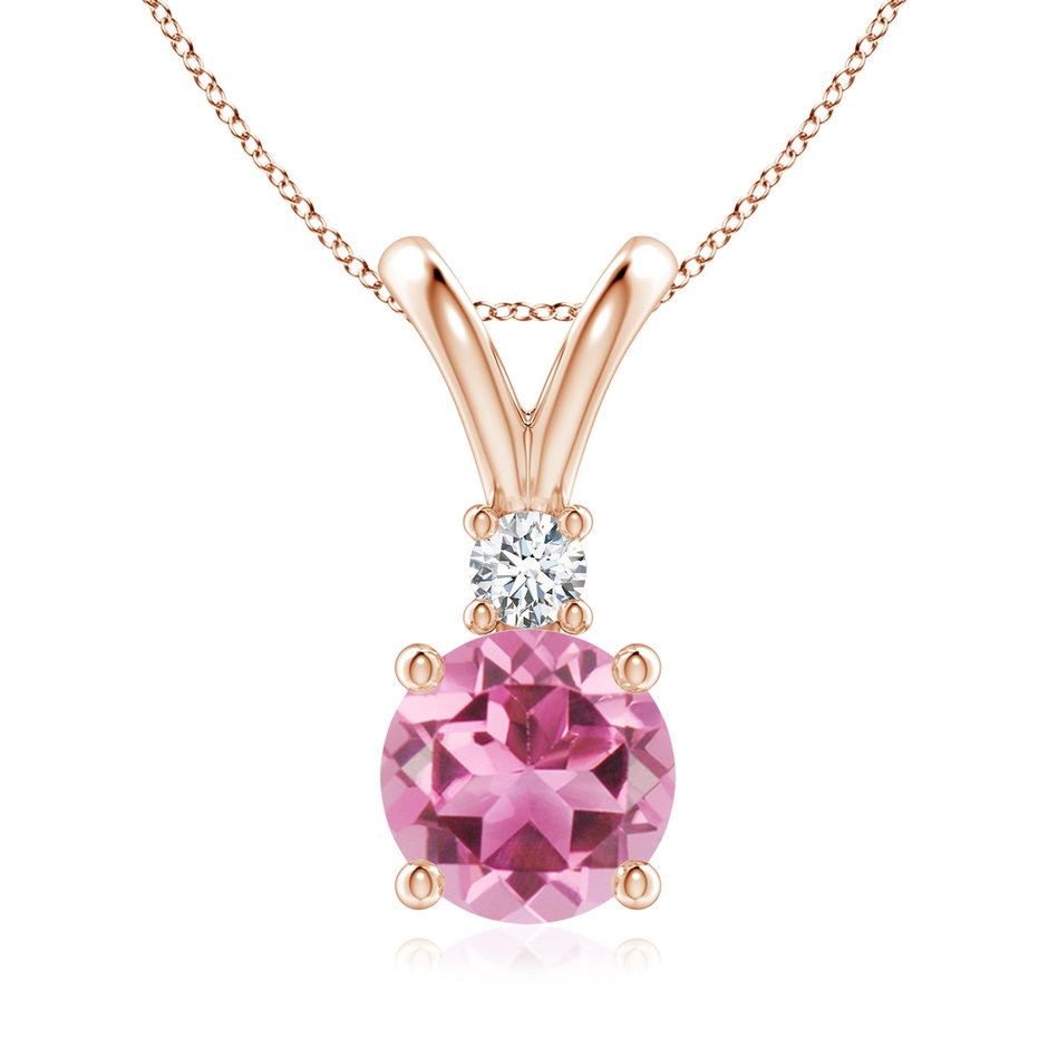 8mm AAA Round Pink Tourmaline Solitaire V-Bale Pendant with Diamond in Rose Gold 