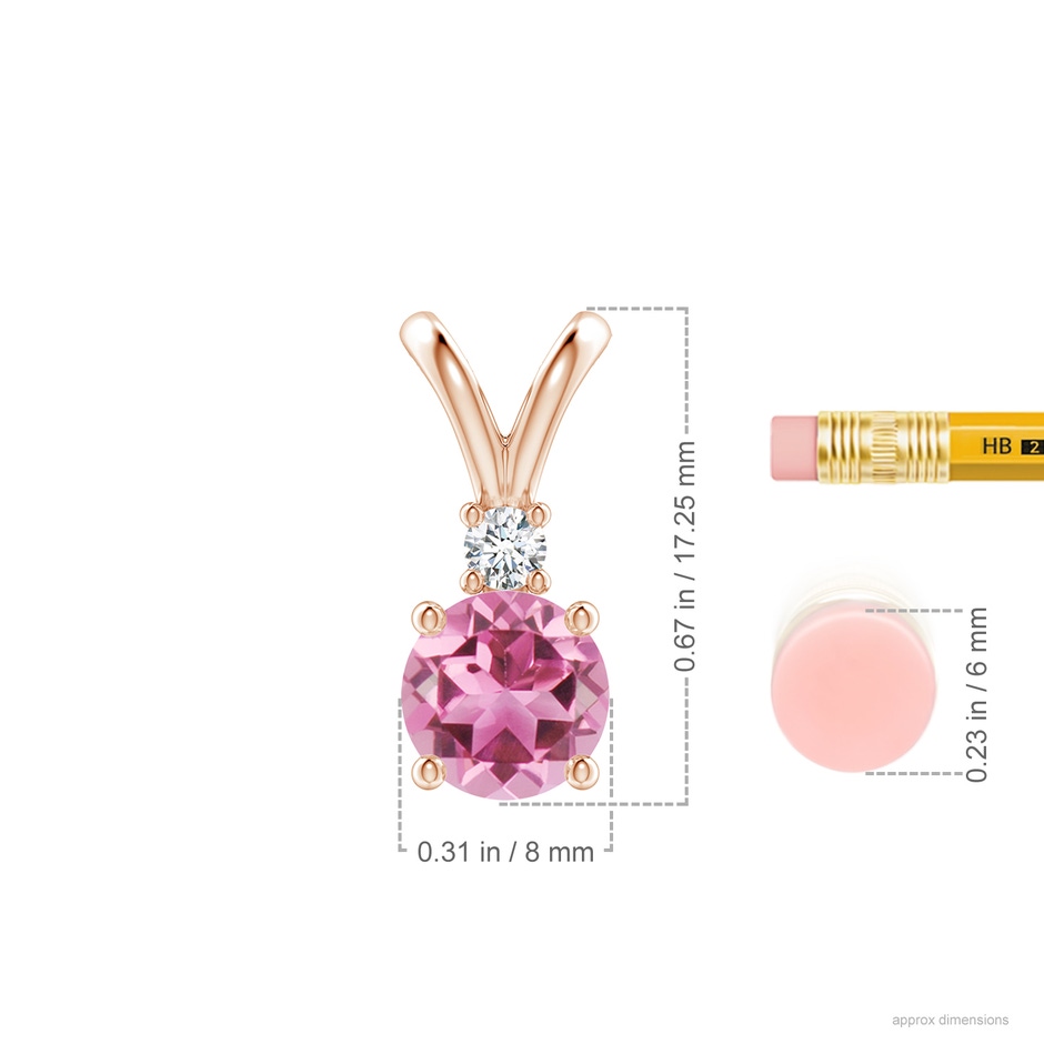 8mm AAA Round Pink Tourmaline Solitaire V-Bale Pendant with Diamond in Rose Gold ruler