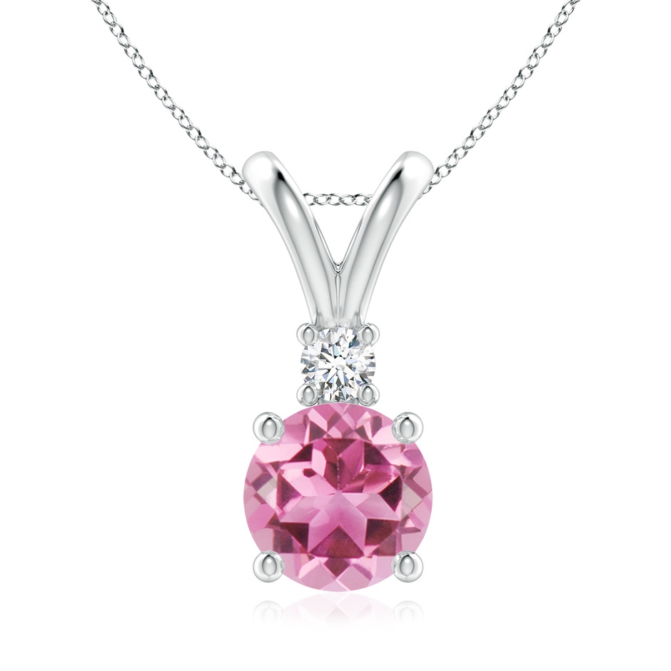 8mm AAA Round Pink Tourmaline Solitaire V-Bale Pendant with Diamond in White Gold 