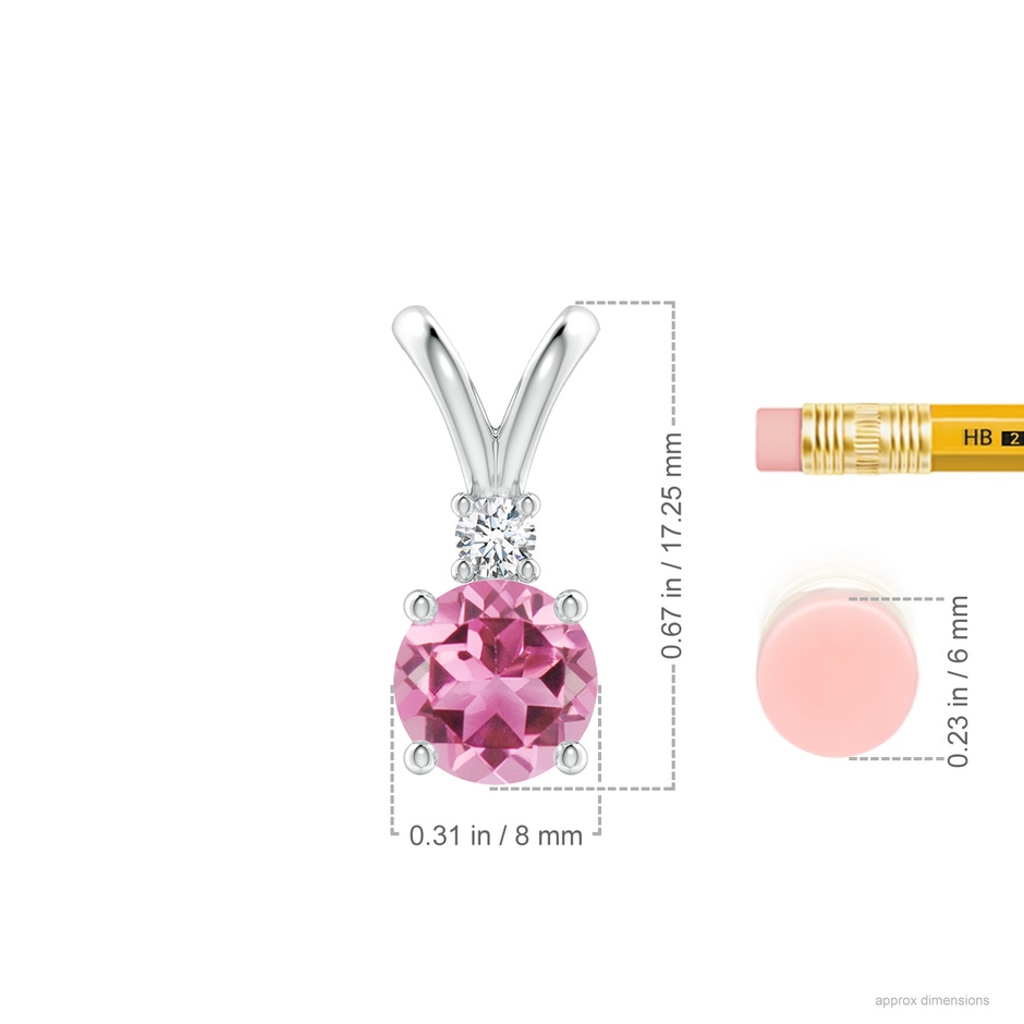 8mm AAA Round Pink Tourmaline Solitaire V-Bale Pendant with Diamond in White Gold ruler