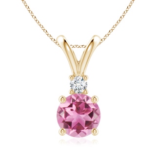 8mm AAA Round Pink Tourmaline Solitaire V-Bale Pendant with Diamond in Yellow Gold
