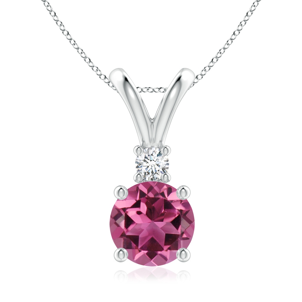 8mm AAAA Round Pink Tourmaline Solitaire V-Bale Pendant with Diamond in White Gold