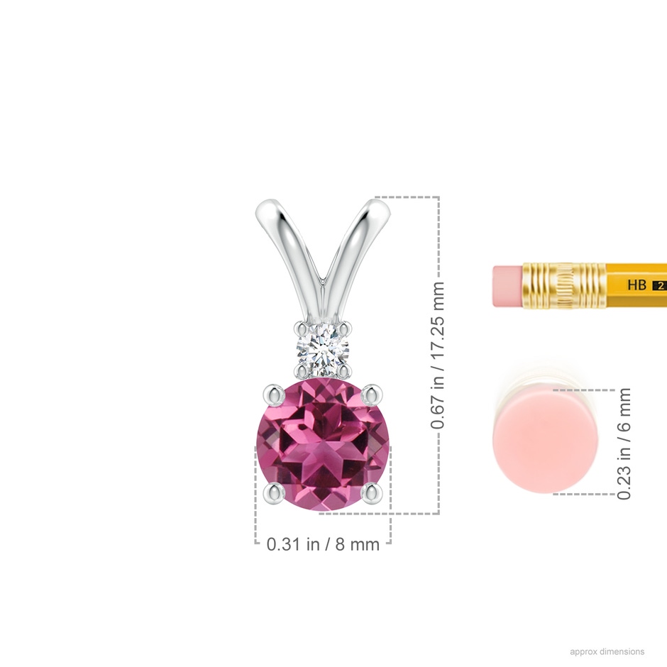 8mm AAAA Round Pink Tourmaline Solitaire V-Bale Pendant with Diamond in White Gold ruler