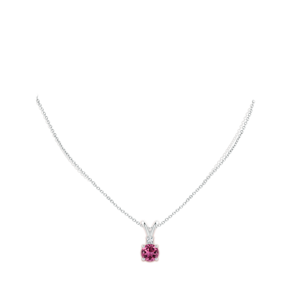 8mm AAAA Round Pink Tourmaline Solitaire V-Bale Pendant with Diamond in White Gold body-neck