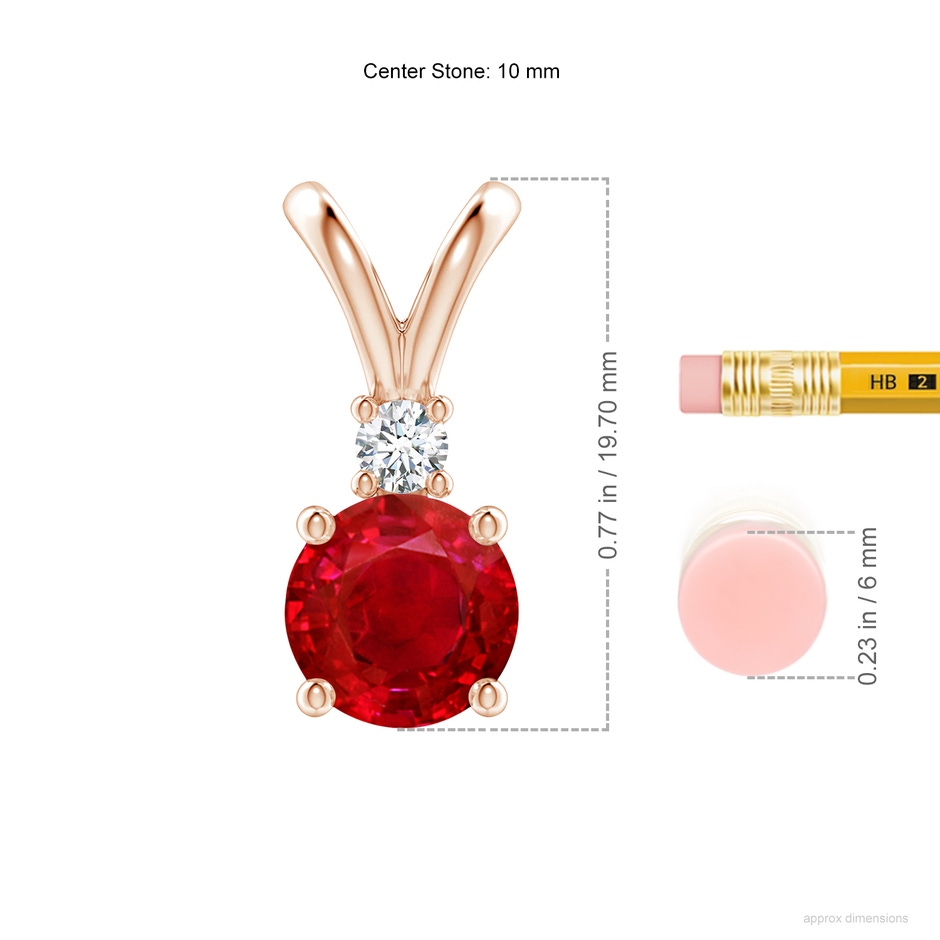 10mm AAA Round Ruby Solitaire V-Bale Pendant with Diamond in Rose Gold ruler