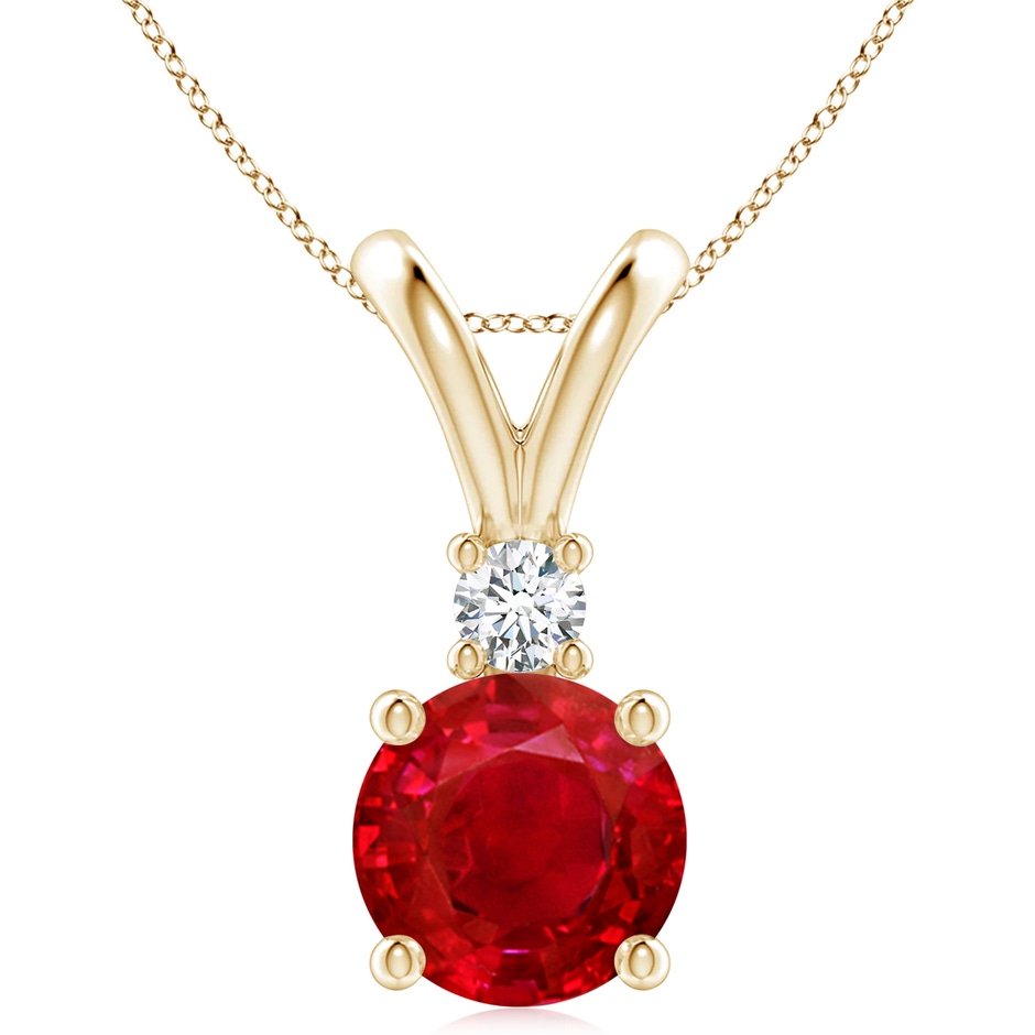 10mm AAA Round Ruby Solitaire V-Bale Pendant with Diamond in Yellow Gold 