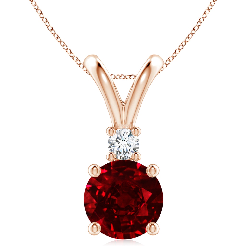 10mm AAAA Round Ruby Solitaire V-Bale Pendant with Diamond in Rose Gold