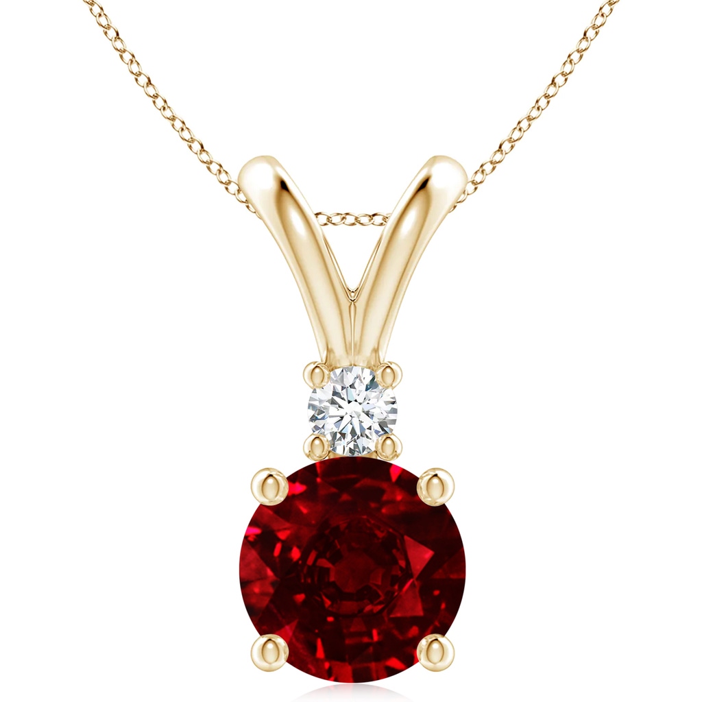 10mm AAAA Round Ruby Solitaire V-Bale Pendant with Diamond in Yellow Gold