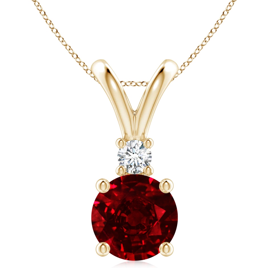 10mm AAAA Round Ruby Solitaire V-Bale Pendant with Diamond in Yellow Gold 