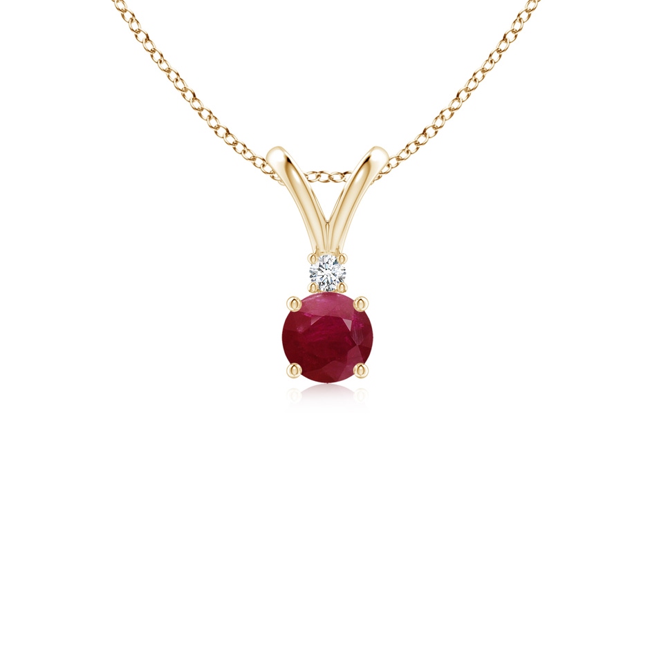 4mm A Round Ruby Solitaire V-Bale Pendant with Diamond in Yellow Gold 