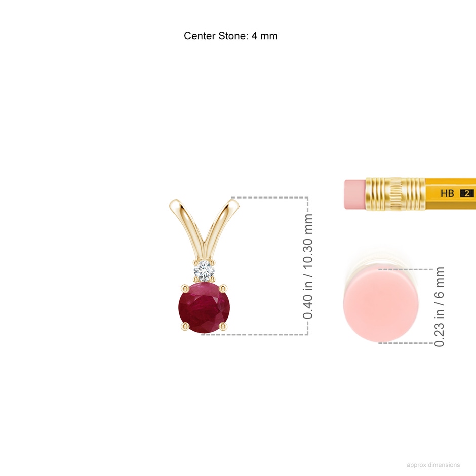 4mm A Round Ruby Solitaire V-Bale Pendant with Diamond in Yellow Gold ruler
