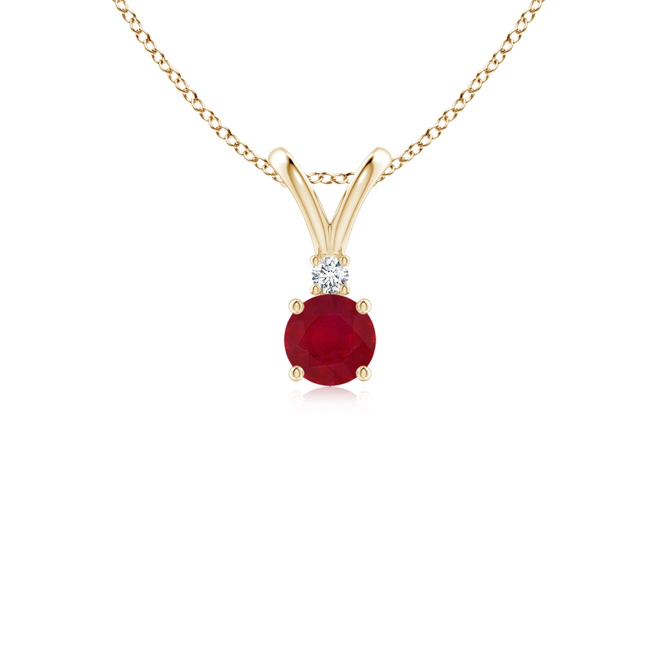 4mm AA Round Ruby Solitaire V-Bale Pendant with Diamond in Yellow Gold 