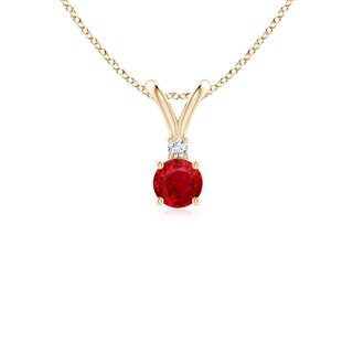 4mm AAA Round Ruby Solitaire V-Bale Pendant with Diamond in Yellow Gold