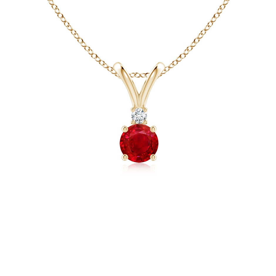 4mm AAA Round Ruby Solitaire V-Bale Pendant with Diamond in Yellow Gold 