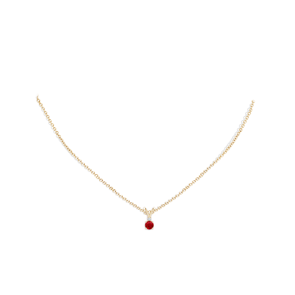 4mm AAA Round Ruby Solitaire V-Bale Pendant with Diamond in Yellow Gold pen