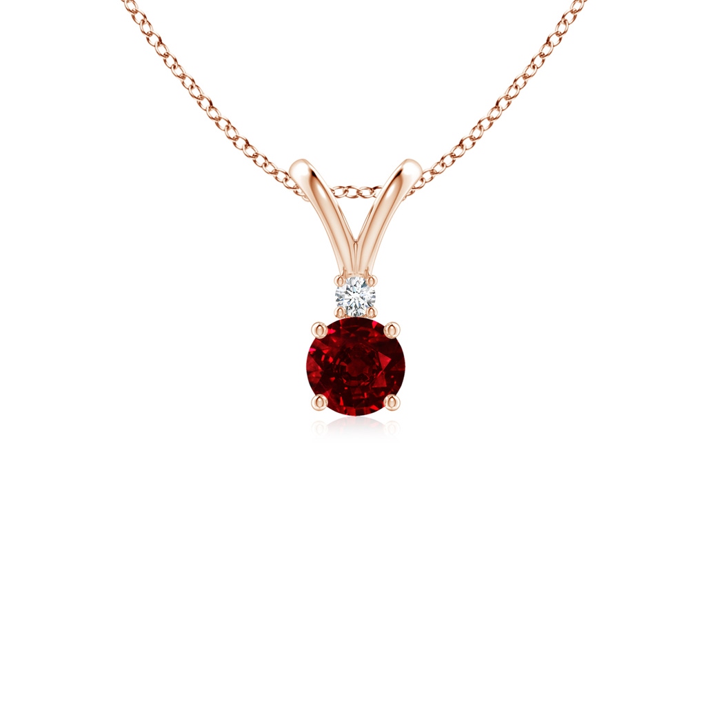 4mm AAAA Round Ruby Solitaire V-Bale Pendant with Diamond in Rose Gold