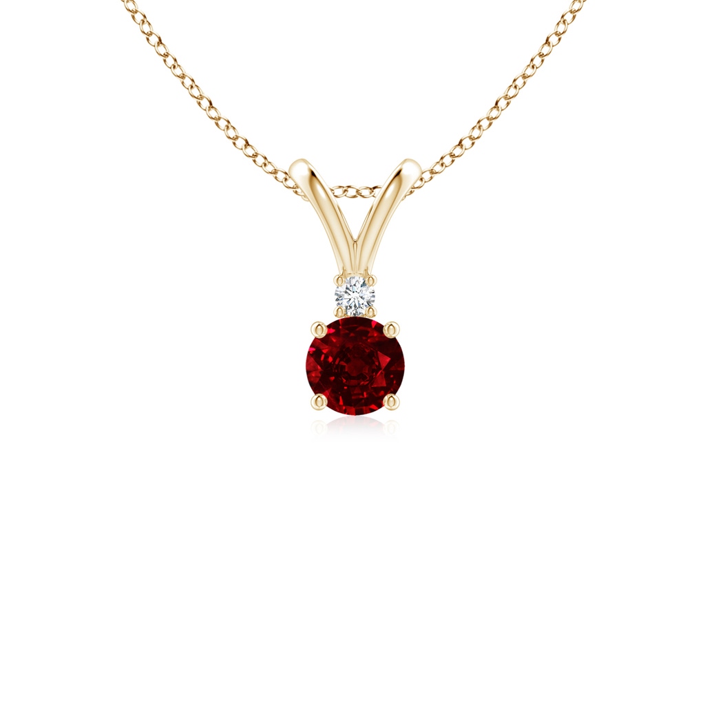 4mm AAAA Round Ruby Solitaire V-Bale Pendant with Diamond in Yellow Gold