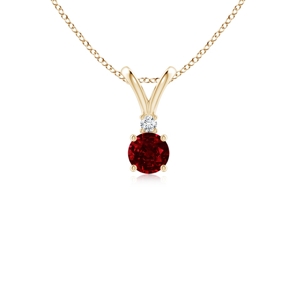4mm AAAA Round Ruby Solitaire V-Bale Pendant with Diamond in Yellow Gold 
