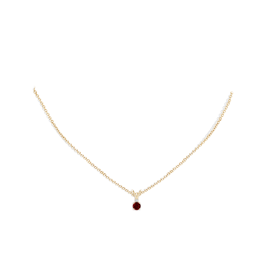 4mm AAAA Round Ruby Solitaire V-Bale Pendant with Diamond in Yellow Gold pen