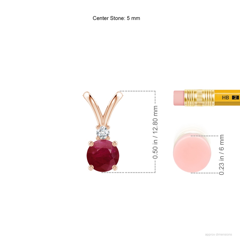 5mm A Round Ruby Solitaire V-Bale Pendant with Diamond in Rose Gold ruler