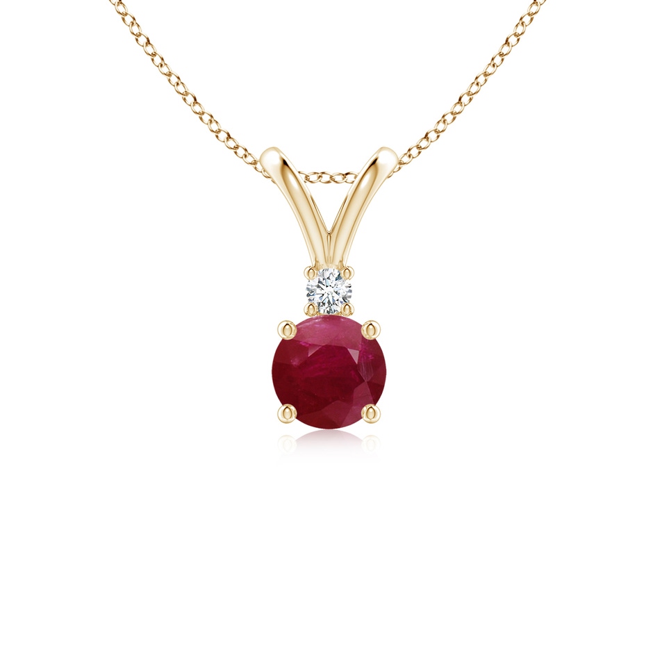 5mm A Round Ruby Solitaire V-Bale Pendant with Diamond in Yellow Gold 