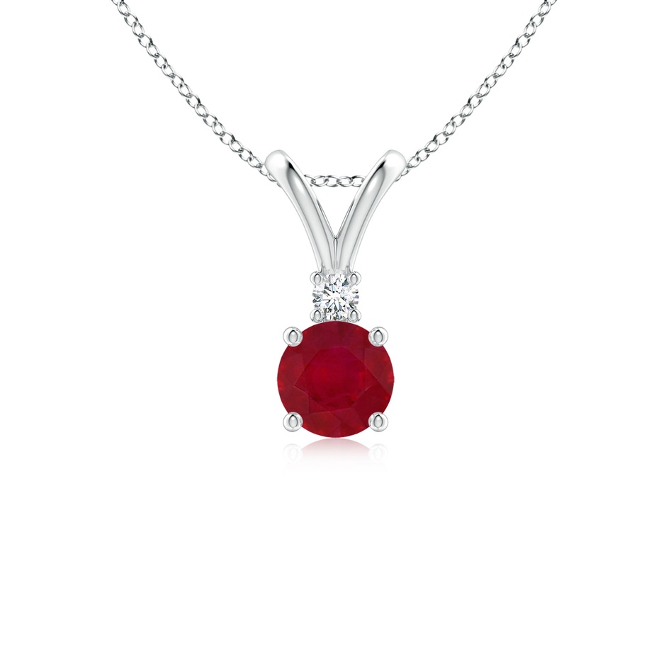 5mm AA Round Ruby Solitaire V-Bale Pendant with Diamond in White Gold 