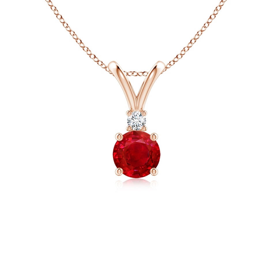 5mm AAA Round Ruby Solitaire V-Bale Pendant with Diamond in Rose Gold 