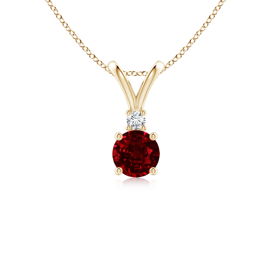 5mm AAAA Round Ruby Solitaire V-Bale Pendant with Diamond in Yellow Gold 