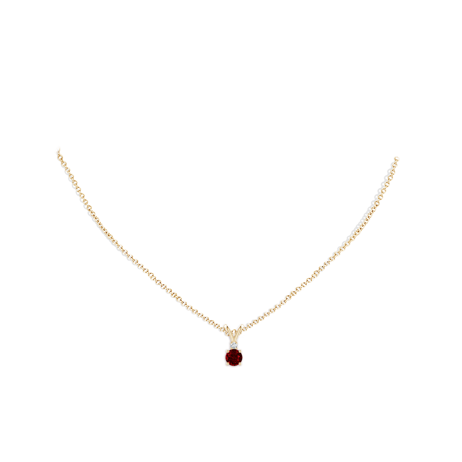 5mm AAAA Round Ruby Solitaire V-Bale Pendant with Diamond in Yellow Gold pen